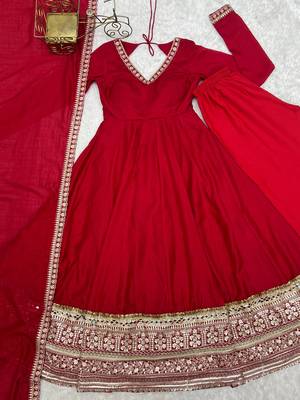Designer red anarkali kurta pant set for women | premium ethnic wear 5