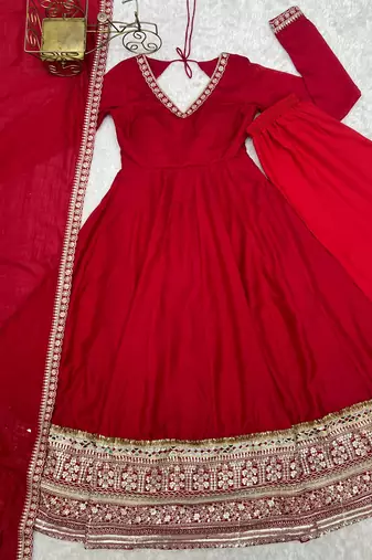 Designer red anarkali kurta pant set for women | premium ethnic wear