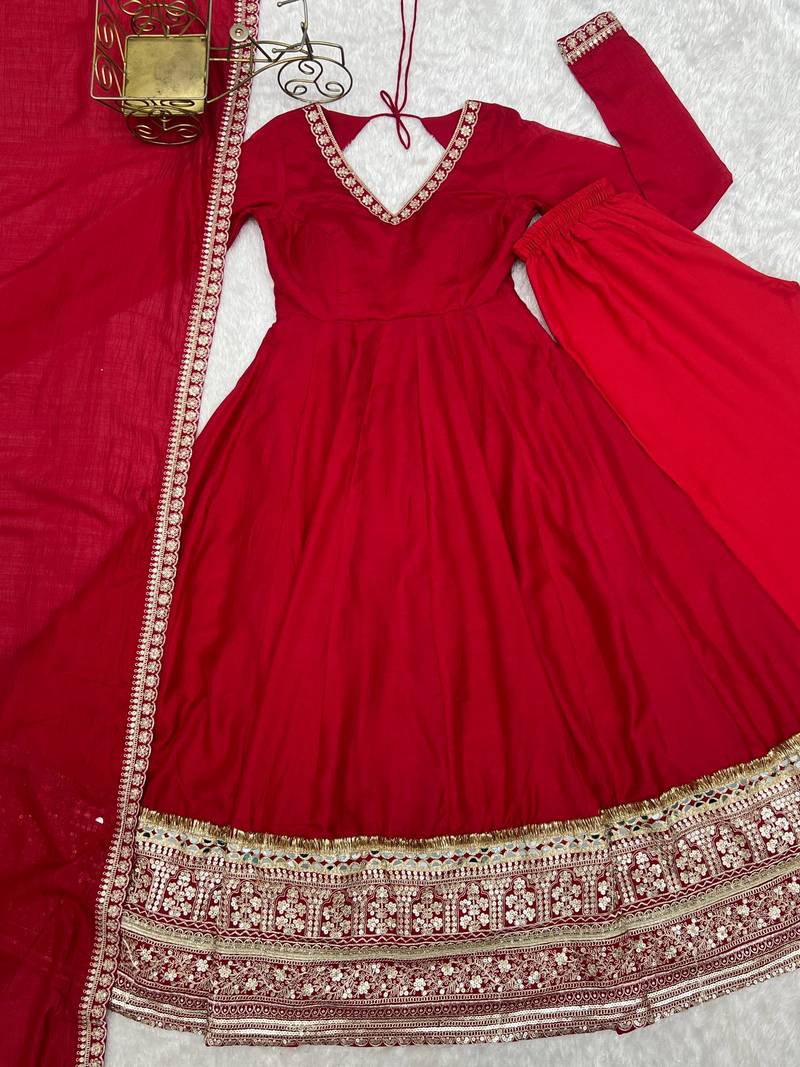 Designer red anarkali kurta pant set for women | premium ethnic wear