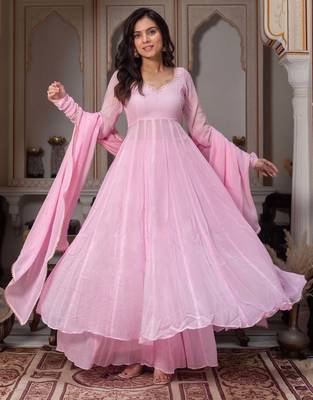 Women's baby pink flared anarkali kurta palazzo set with dupatta 1