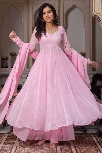 women's baby pink flared anarkali kurta palazzo set with dupatta