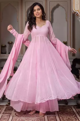 Women's baby pink flared anarkali kurta palazzo set with dupatta