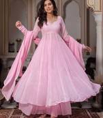 Women's baby pink flared anarkali kurta palazzo set with dupatta