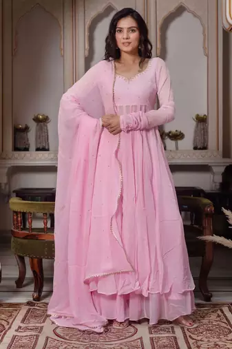 Women's baby pink flared anarkali kurta palazzo set with dupatta