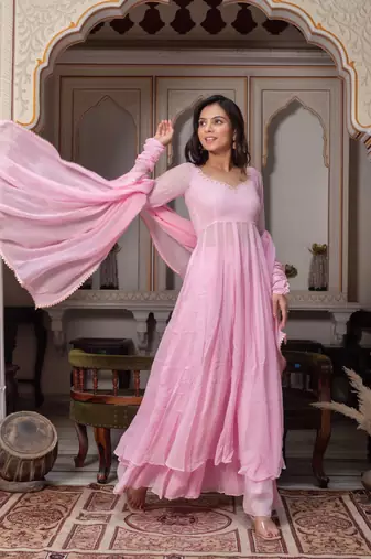 Women's baby pink flared anarkali kurta palazzo set with dupatta