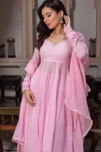 Women's baby pink flared anarkali kurta palazzo set with dupatta