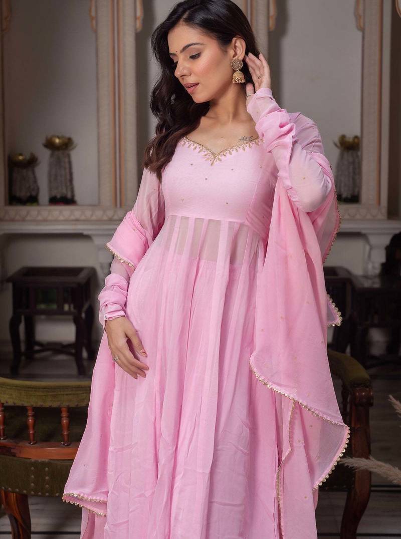 Women's baby pink flared anarkali kurta palazzo set with dupatta