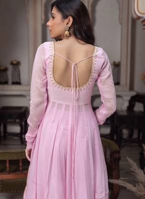 Women's baby pink flared anarkali kurta palazzo set with dupatta 5