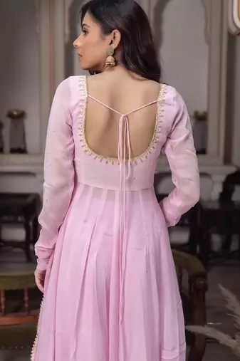 Women's baby pink flared anarkali kurta palazzo set with dupatta