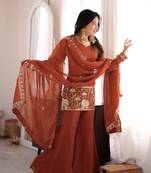 Women's rust orange embroidered kurta set with dupatta
