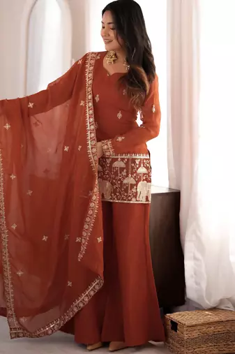 Women's rust orange embroidered kurta set with dupatta
