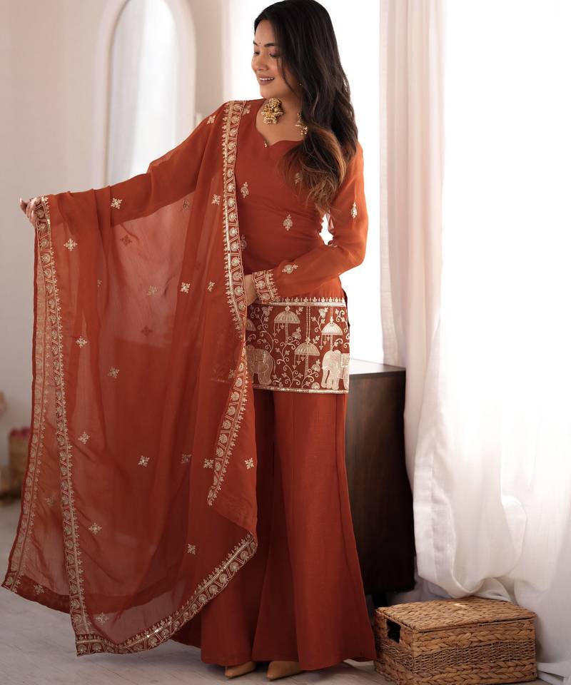 Women's rust orange embroidered kurta set with dupatta
