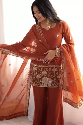 Women's rust orange embroidered kurta set with dupatta