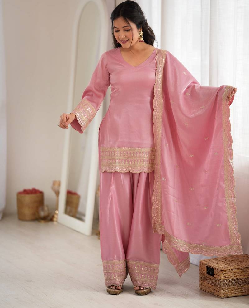 Women's dusty pink festive suit set with intricate embroidery