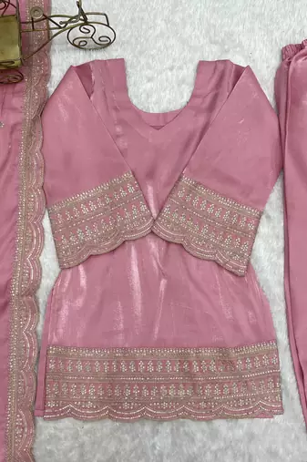 Women's dusty pink festive suit set with intricate embroidery