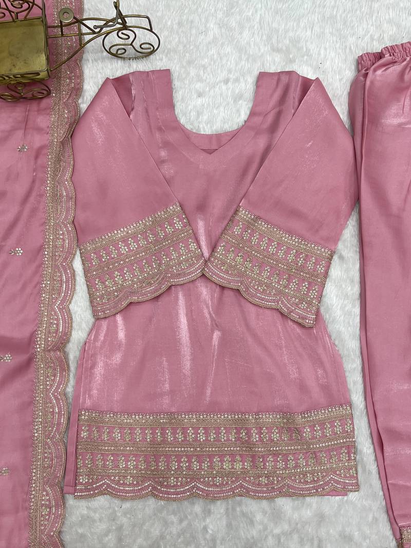 Women's dusty pink festive suit set with intricate embroidery
