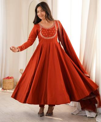 Designer rust red embroidered anarkali gown for women with matching dupatta 1