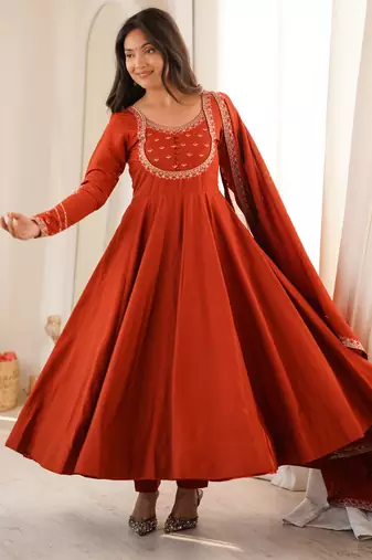Designer rust red embroidered anarkali gown for women with matching dupatta