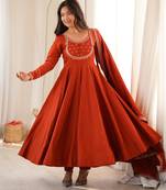 Designer rust red embroidered anarkali gown for women with matching dupatta