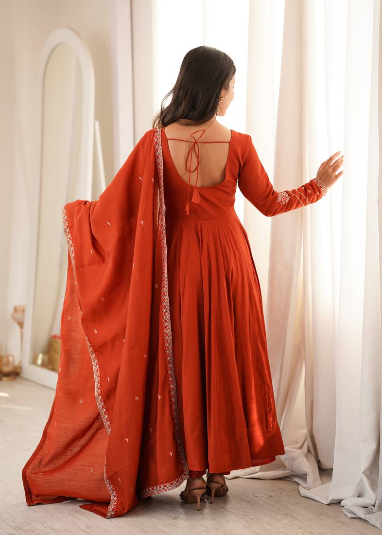 Designer rust red embroidered anarkali gown for women with matching dupatta