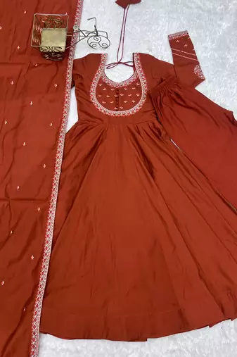 Designer rust red embroidered anarkali gown for women with matching dupatta