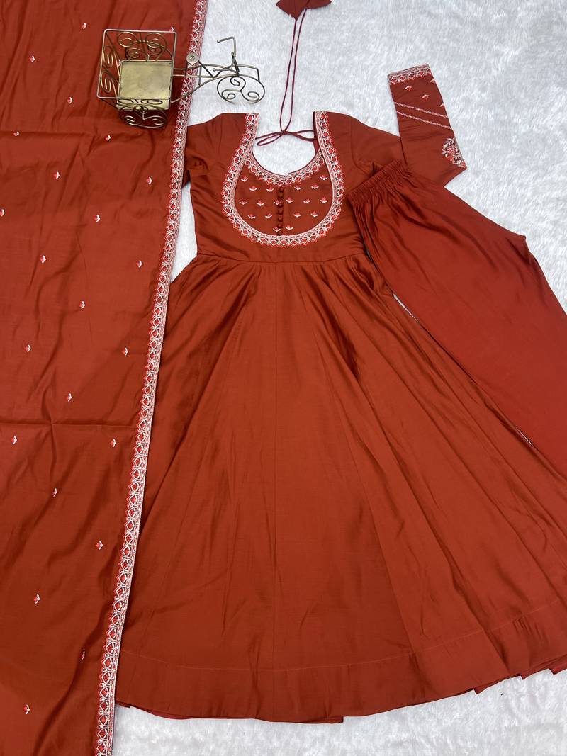 Designer rust red embroidered anarkali gown for women with matching dupatta
