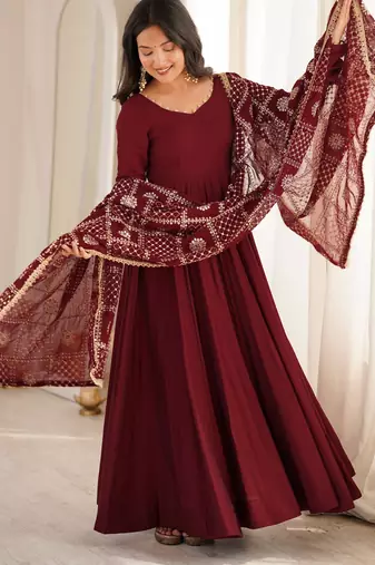 Women's burgundy anarkali gown with heavy embroidered dupatta | designer ethnic wear