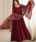 women's burgundy anarkali gown with heavy embroidered dupatta   designer ethnic wear