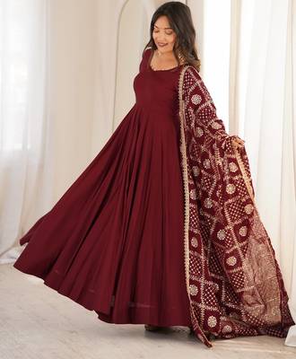 women's burgundy anarkali gown with heavy embroidered dupatta   designer ethnic wear 2