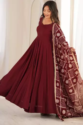 Women's burgundy anarkali gown with heavy embroidered dupatta | designer ethnic wear