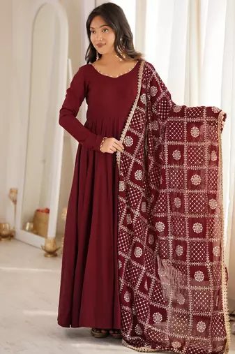 Women's burgundy anarkali gown with heavy embroidered dupatta | designer ethnic wear