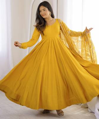 women's yellow anarkali gown with heavy embroidered dupatta   designer ethnic wear 1