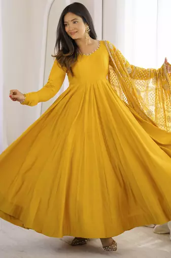 Women's yellow anarkali gown with heavy embroidered dupatta | designer ethnic wear