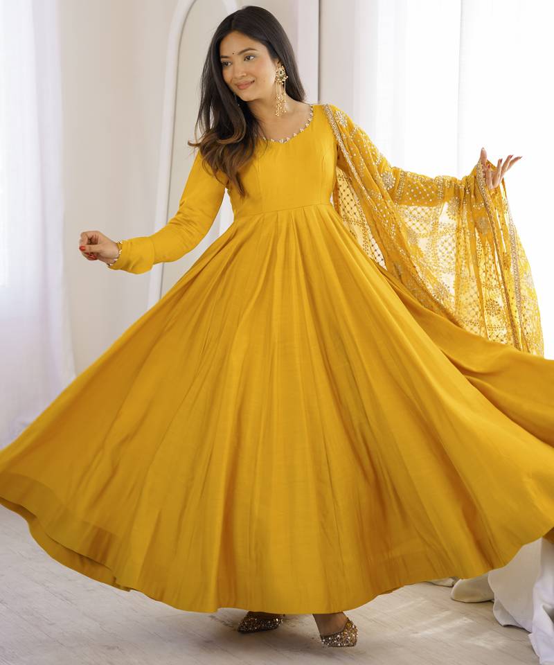 Women's yellow anarkali gown with heavy embroidered dupatta | designer ethnic wear