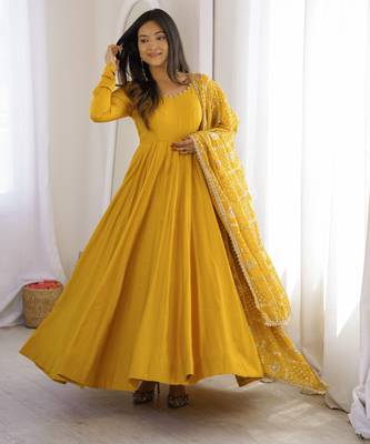 women's yellow anarkali gown with heavy embroidered dupatta   designer ethnic wear 2