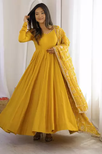 Women's yellow anarkali gown with heavy embroidered dupatta | designer ethnic wear