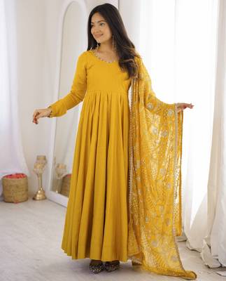 women's yellow anarkali gown with heavy embroidered dupatta   designer ethnic wear 3