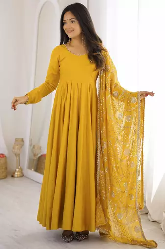 Women's yellow anarkali gown with heavy embroidered dupatta | designer ethnic wear