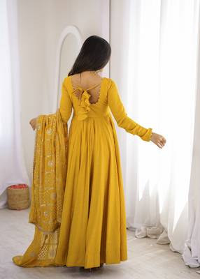 women's yellow anarkali gown with heavy embroidered dupatta   designer ethnic wear 5