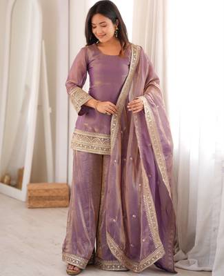 Elegant purple kurta palazzo set with embroidered dupatta for women 1