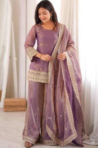 Elegant purple kurta palazzo set with embroidered dupatta for women