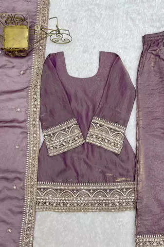 Elegant purple kurta palazzo set with embroidered dupatta for women