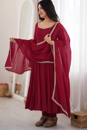 Maroon anarkali gown for women with designer golden border dupatta | festive wear