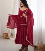 maroon anarkali gown for women with designer golden border dupatta   festive wear