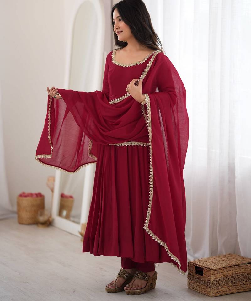maroon anarkali gown for women with designer golden border dupatta   festive wear