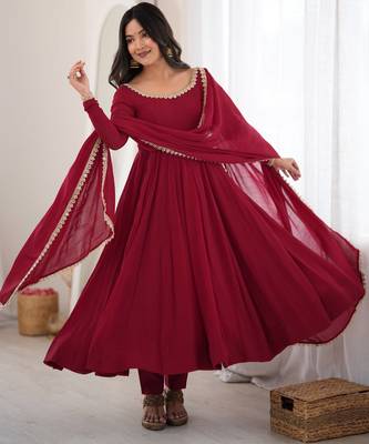 maroon anarkali gown for women with designer golden border dupatta   festive wear 2