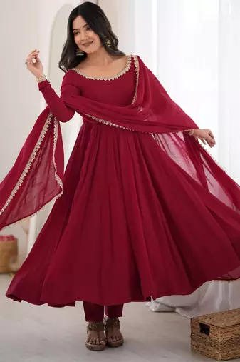 Maroon anarkali gown for women with designer golden border dupatta | festive wear