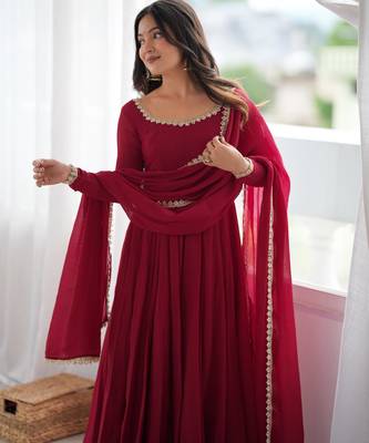 maroon anarkali gown for women with designer golden border dupatta   festive wear 3