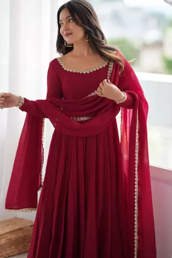 Maroon anarkali gown for women with designer golden border dupatta | festive wear