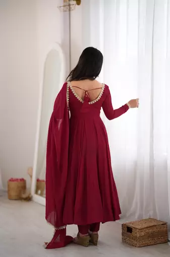 Maroon anarkali gown for women with designer golden border dupatta | festive wear